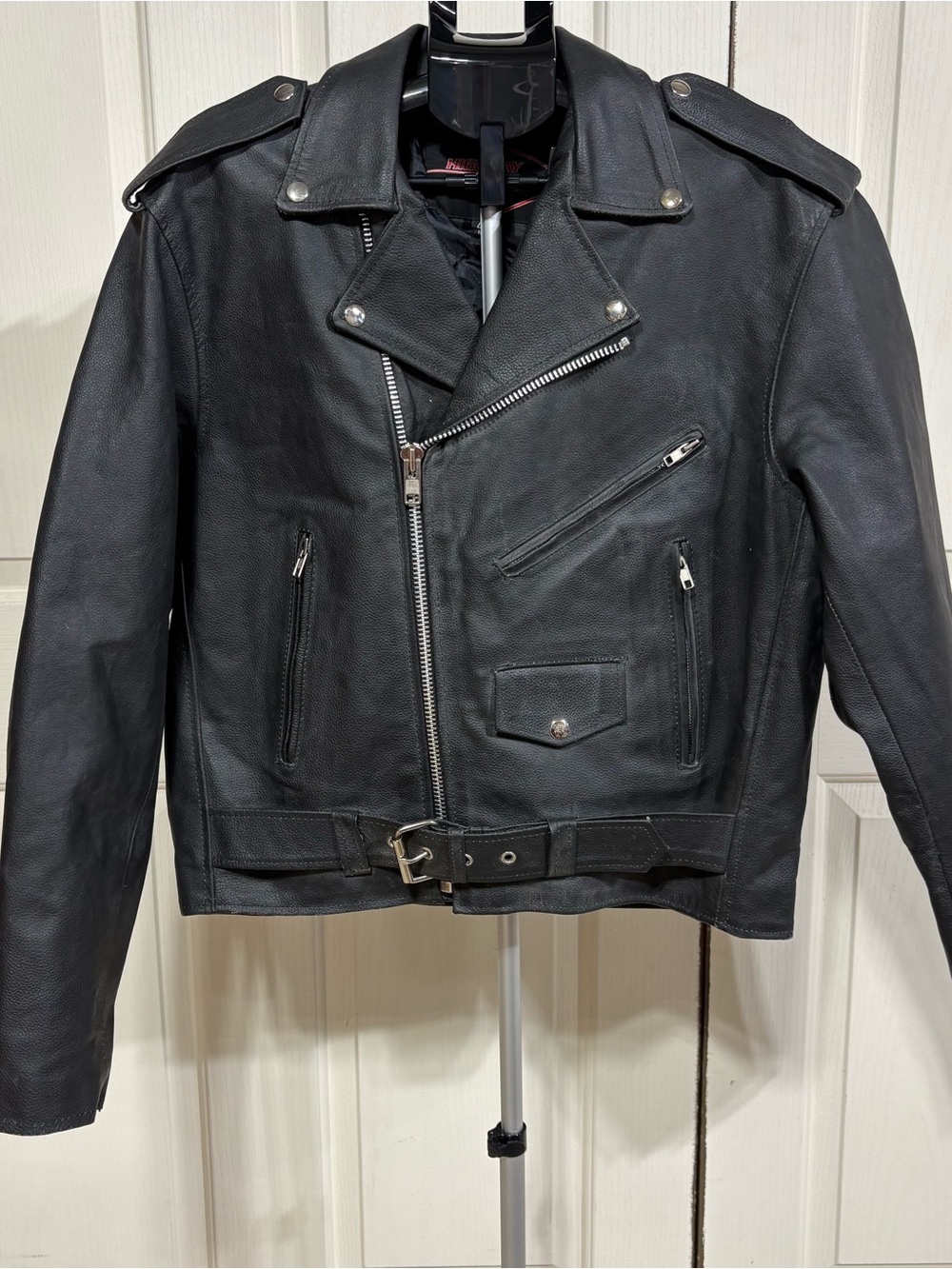 Highway Hawks Black Leather Motorcycle Jacket with Harley-Davidson Patch Size 44